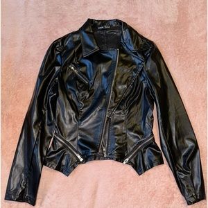PU Black Leather Lapel Collar Moto Jacket Zippers Size Small